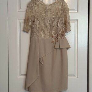 Rickie Freeman for Teri Jon Buff Lace Bodice Embellished Midi Dress Size 12